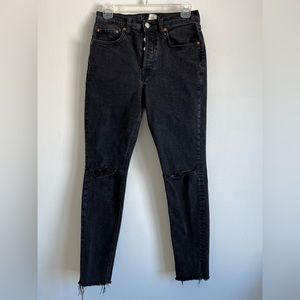 Free People: We The Free. Black Distressed Button-Fly Skinny Jeans. Size 28.